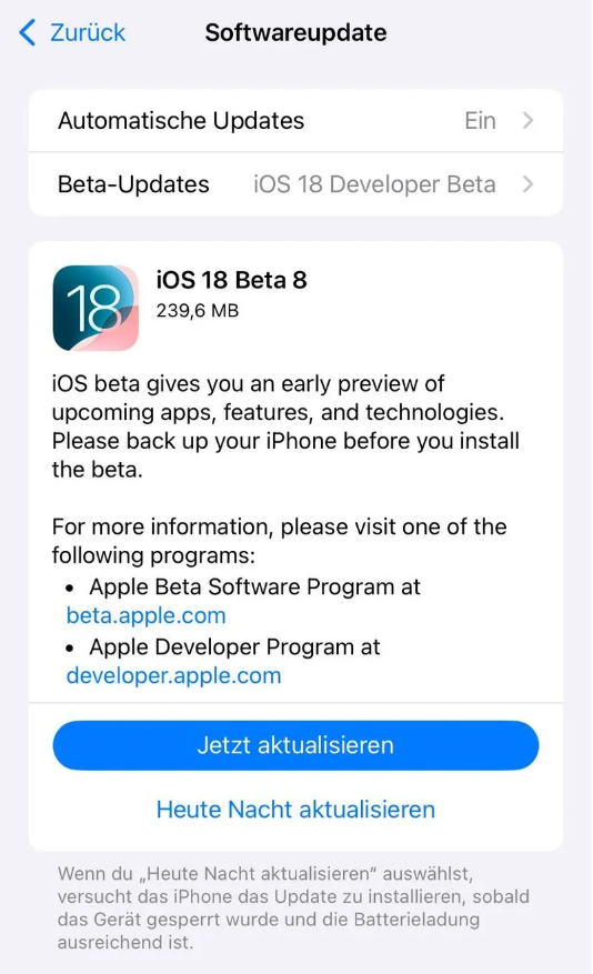 白山苹果手机维修分享苹果 iOS / iPadOS 18 开发者预览版 Beta 8 发布 